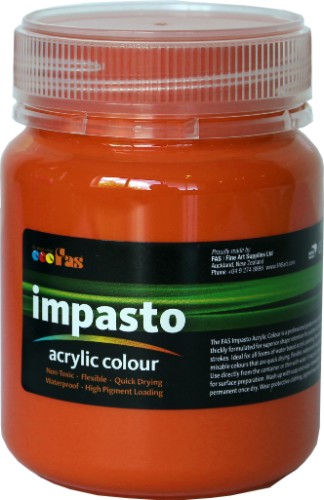 Fas Impasto Acrylic 250ml in vibrant orange, ideal for textured painting with superior shape retention and vivid color.