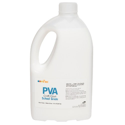 Fas PVA Craft Glue 2ltr bottle, perfect for bonding paper, textiles, and light wood in crafting projects.