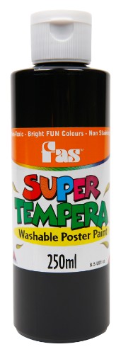 Fas Super Tempera 250ml Black paint, non-toxic, opaque, quick-drying, ideal for posters and crafts in vibrant black.