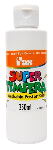 Fas Super Tempera 250ml White paint, ideal for vibrant artwork and crafts, featuring quick-drying and washability properties.