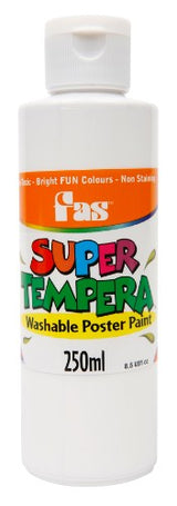 Fas Super Tempera 250ml White paint, ideal for vibrant artwork and crafts, featuring quick-drying and washability properties.