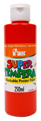 Fas Super Tempera 250ml in Brill Red, non-toxic, vibrant paint for kids' crafts, easily washable and quick-drying.