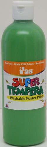 Bright green Fas Super Tempera 500ml paint bottle for vibrant, non-toxic art projects and easy blending.