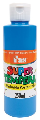 Fas Super Tempera 250ml Fluo Blue paint, vibrant, non-toxic, perfect for all ages, glows under UV light, easy to wash out.