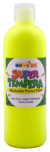 Fas Super Tempera 500ml Fluo Yellow paint in a bottle, vibrant color ideal for creative arts and easy cleanup.