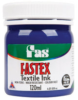 Fas Textile Ink 120ml in vibrant blue, perfect for durable fabric art on shirts, hats, and bags.