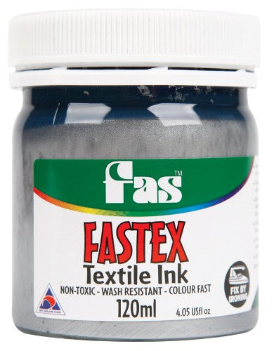 Fas Textile Ink 120ml Silver for vibrant, durable fabric printing on various materials with metallic sheen.