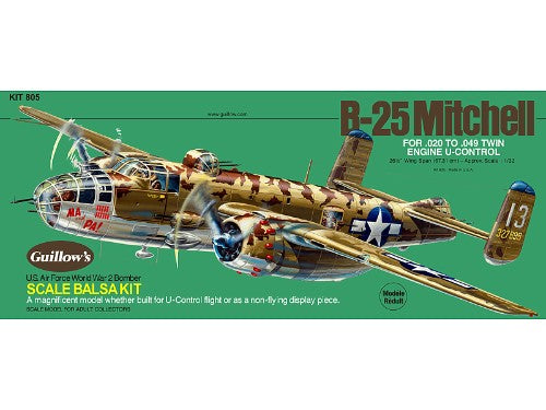 Guillows 805 B-25 Mitchell balsa wood model kit for WWII bomber enthusiasts, featuring detailed assembly instructions.