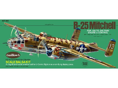 Guillows 805 B-25 Mitchell balsa wood model kit for WWII bomber enthusiasts, featuring detailed assembly instructions.