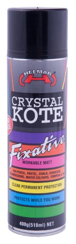 Helmar Crystal Kote Fixative 400g spray can for protecting acrylic art with clear, durable, and eco-friendly finish.