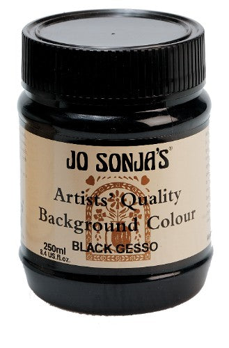 Premium black gesso in a 250ml jar, perfect for preparing surfaces and enhancing color vibrancy in artwork.