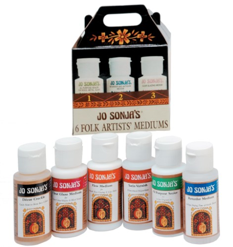 Jo Sonja's Mediums Starter Kit with 6 acrylic paint mediums, ideal for enhancing artistic creations and techniques.