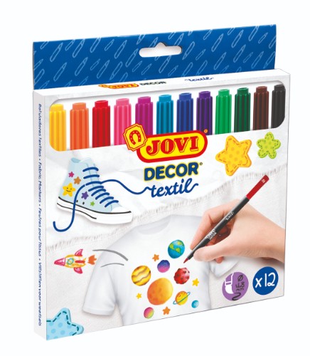 Vibrant Jovi Textile Pen set featuring 12 fabric markers with brush tips, perfect for custom fabric designs and crafts.