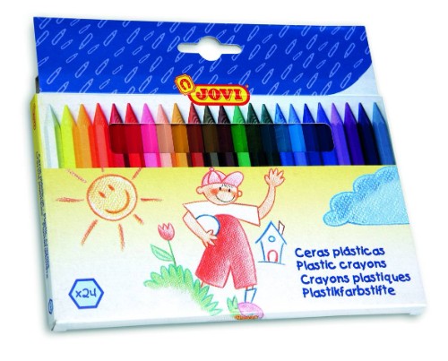 Jovi Plastic Crayon 24s pack featuring 24 vibrant hexagonal crayons for safe, comfortable, and creative fun for young artists.