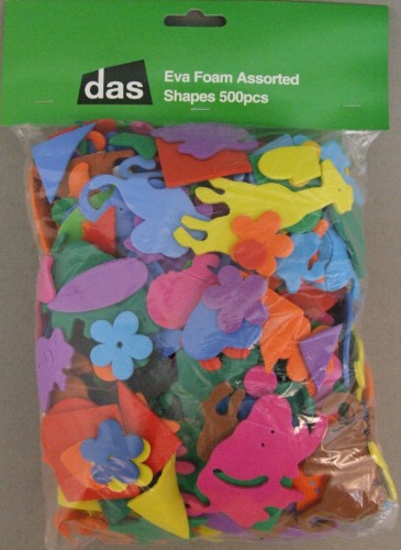 500 colorful EVA foam shapes including hearts, stars, and circles for various DIY and craft projects.