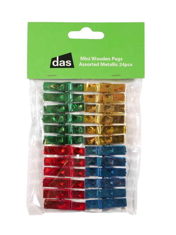 Mini Wooden Pegs Assorted Metallic 24pc