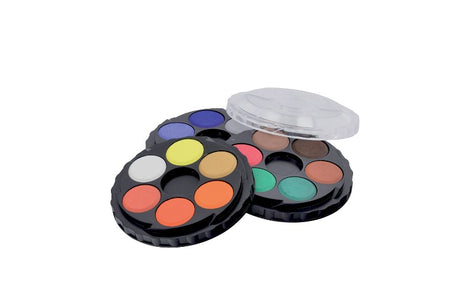 Watercolour set with 18 vibrant, blendable colours in a round cassette for organized, portable artistic expression.