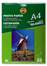 Koh-I-Noor Photopaper Gloss 200/20 with high-gloss finish, 200 gsm, ideal for vibrant, professional-quality photo prints.