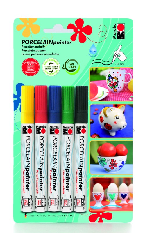 Set of 5 porcelain paints with high-pigment colors for vibrant designs on ceramics and glassware.