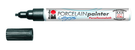 Black calligraphy porcelain paint ideal for ceramics and various surfaces, offering smooth application and a durable finish.