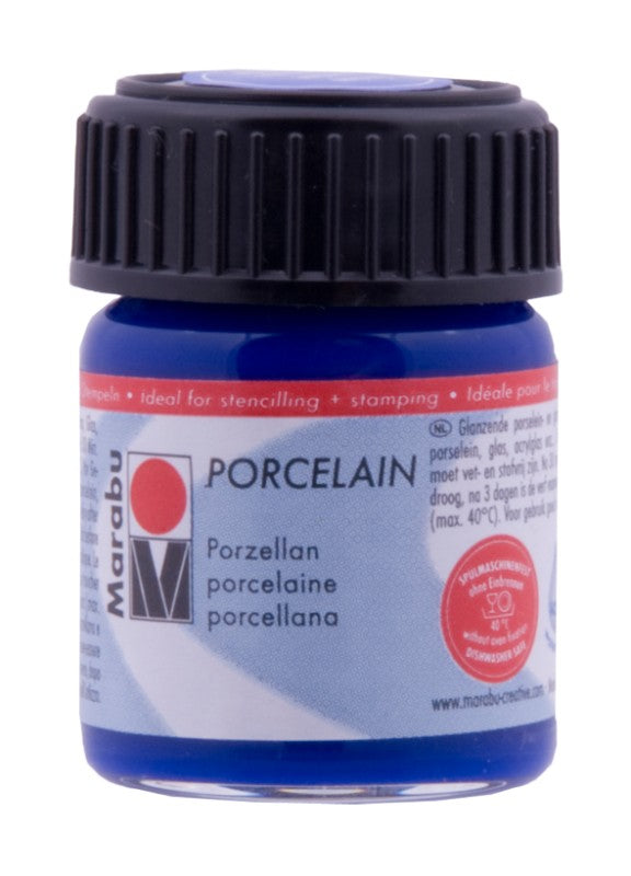 Vibrant Gentian blue porcelain paint in a 15ml bottle, ideal for decorative art on ceramics and glassware.