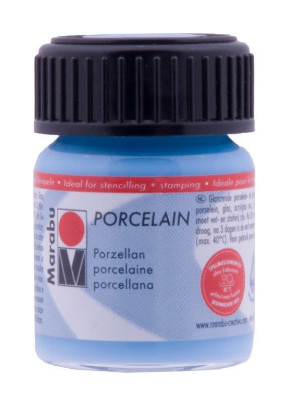 Light blue porcelain paint in a 15ml bottle, ideal for ceramics and glassware, dishwasher safe, vibrant color application.