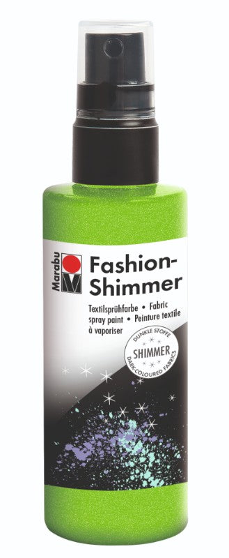 Water-based Marabu Fashion Shimmer spray in Reseda, ideal for adding shimmering effects to fabrics like T-shirts and bags.