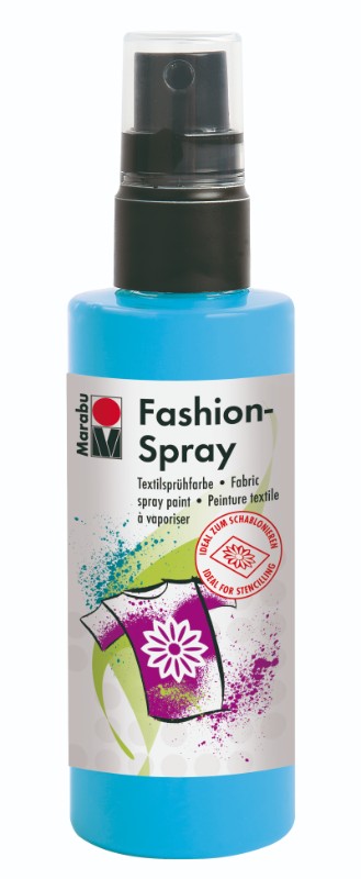 A spray bottle of Marabu Fashion Spray in Sky Blue, ideal for vibrant fabric coloring and creative DIY projects.