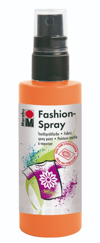 Vibrant tangerine fabric spray ideal for DIY projects on light-colored textiles like T-shirts and bags.