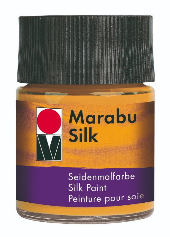 Vibrant amber silk dye in a 50ml bottle, perfect for fabric painting and creative projects.