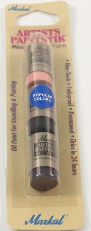 Set of three Markal Mini Paint Sticks in Medium Pink, Teal Blue, and Purple Sage for precise creative projects.