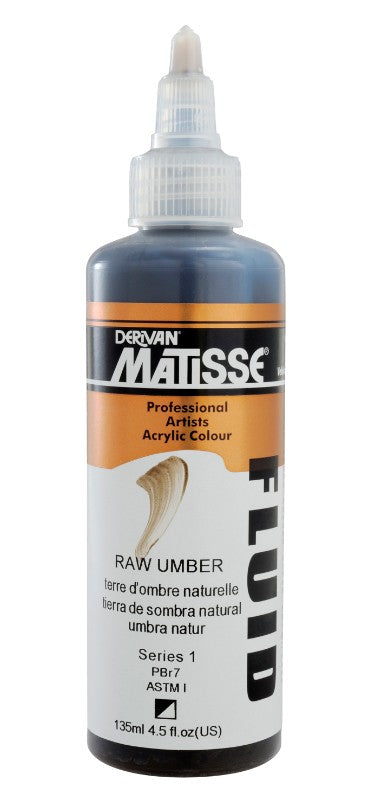 Matisse Fluid Acrylic Paint in Raw Umber, 135ml, offers highly pigmented color for vibrant blending and depth in art.