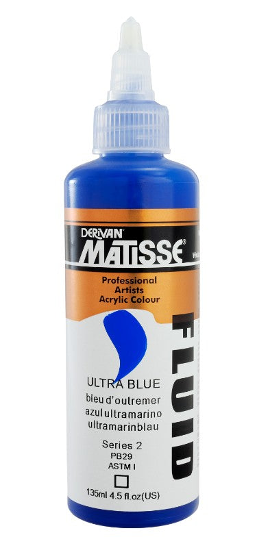 Matisse Fluid Acrylic Paint 135ml in Ultramarine Blue, featuring vibrant pigmentation and liquid-like texture for versatile artistry.