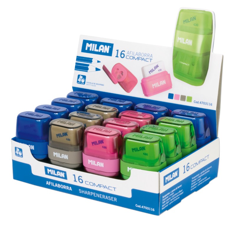 Milan Compact Touch Sharpener + Eraser, stylish and functional, perfect for students and artists with integrated eraser.