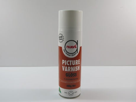 Nuart Picture Varnish Gloss 400gm enhances acrylic art with a crystal-clear, high-gloss finish, protecting from dust and UV light.