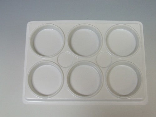 6 Cup Plastic Palette for mixing paints, featuring six compartments, durable plastic, lightweight, and easy to clean.