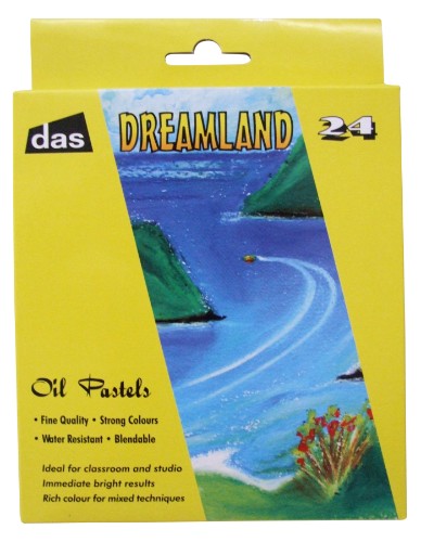 Set of 24 vibrant Das Dreamland oil pastels, perfect for smooth application and creative expression on various surfaces.