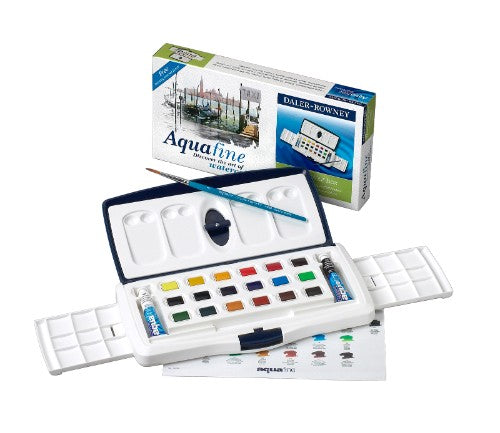 Gwc Aquafine Tube & HP Set features 18 half pans, 2 tubes, a brush, and mixing palettes for vibrant watercolor art.