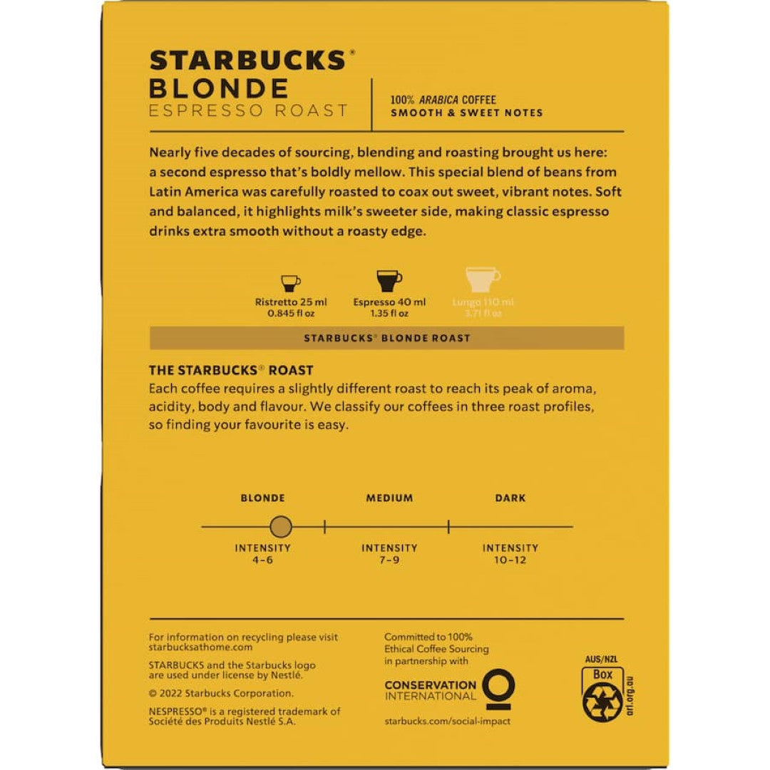 Starbucks By Nespresso Coffee Capsules Blonde Espresso Roast 18pack