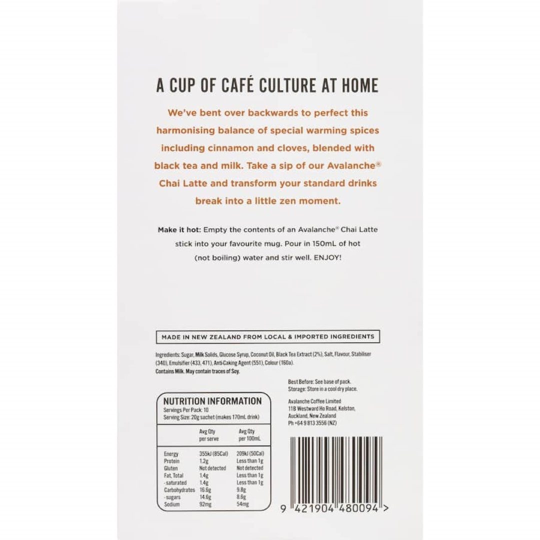 Avalanche Coffee Sachets Cafe Style Chai Latte 10 pack 200g