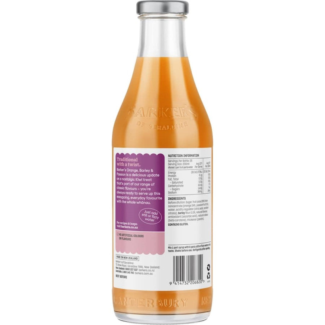 Barkers Fruit Syrup Orange/barley Passionfruit 710mL