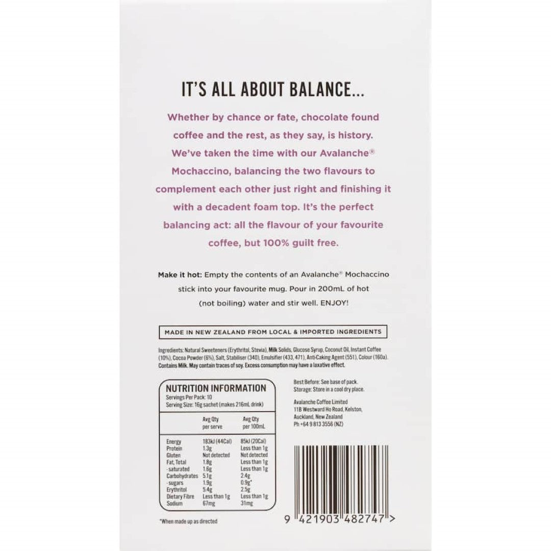 Avalanche Coffee Sachets 99% Sugar Free Mochaccino 10 pack 160g