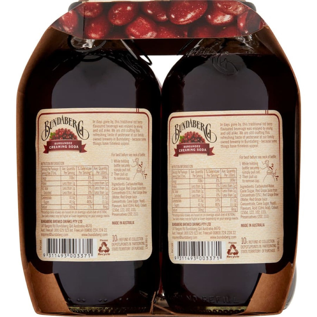 Bundaberg Soft Drink Burgundee Creaming Soda 375ml bottles 4pack