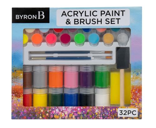 Byron Acrylic Pot & Brush Set 32 - Paint Pots & Brush Set 32