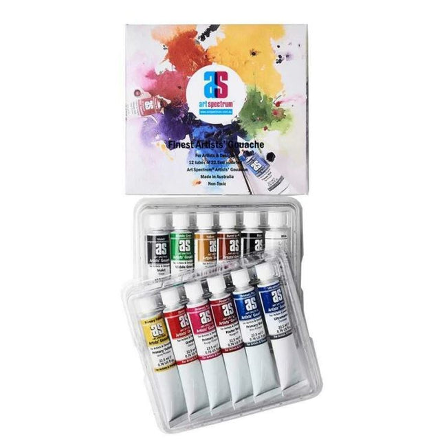 Art Spectrum Gouache Set of 12, vibrant non-toxic pigments in 22.5ml tubes for versatile, high-opacity artwork.