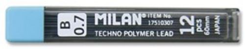 Milan Lead Refill Pack with 12 0.7mm (B) leads, perfect for smooth writing and sketching in school and professional settings.