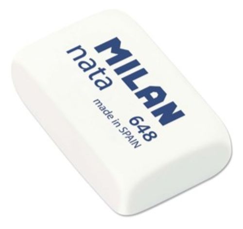 Milan Eraser 648 white plastic pack of 48, ideal for precise erasing without tearing or smudging.