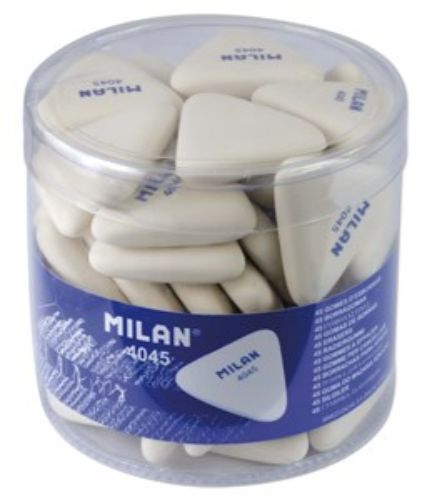 Milan Eraser 4045 pack of 45 triangular synthetic erasers, perfect for precise, smudge-free erasing.