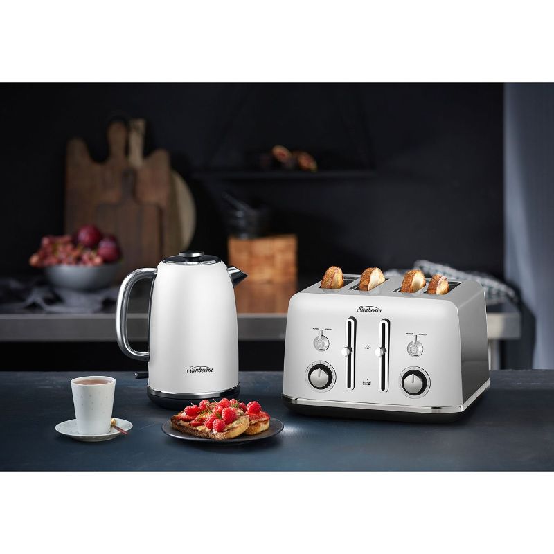 Elegant white Sunbeam Alinea™ kettle with 1.7L capacity, 2400W quick boil, and safety features for modern kitchens.