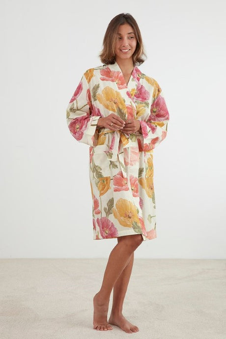 Green poppy-inspired kimono robe with pockets, waist tie, made from 100% cotton voile, size L/XL.